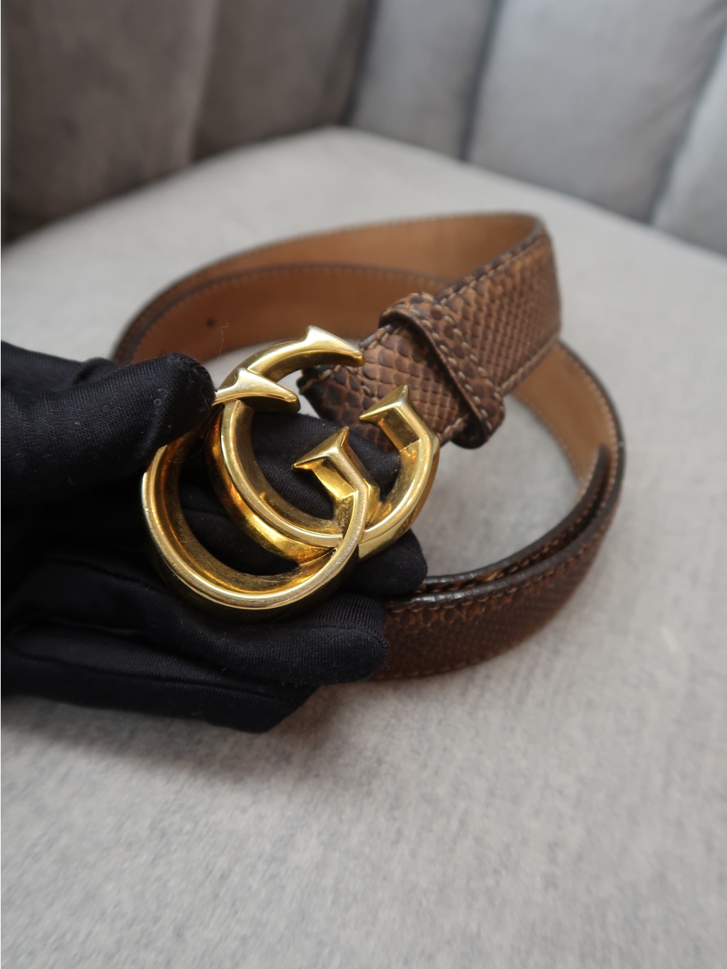 Gucci Brown Leather Belt With Gold Double G Buckle Size 85 Women